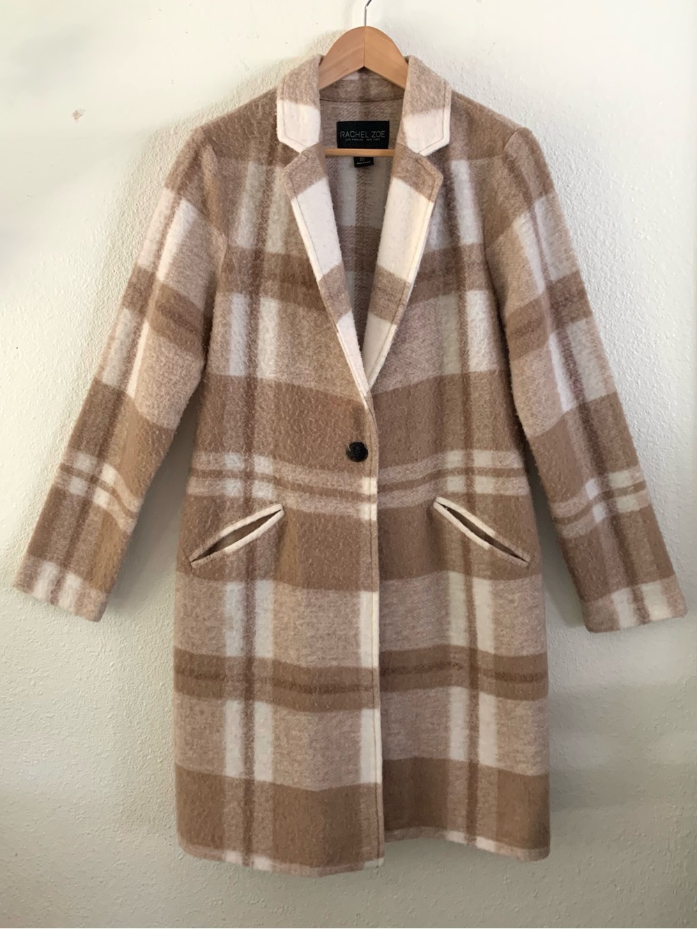 Rachel Zoe Women’s Tan and Cream Plaid Single-Button Wool-Blend Coat Size L